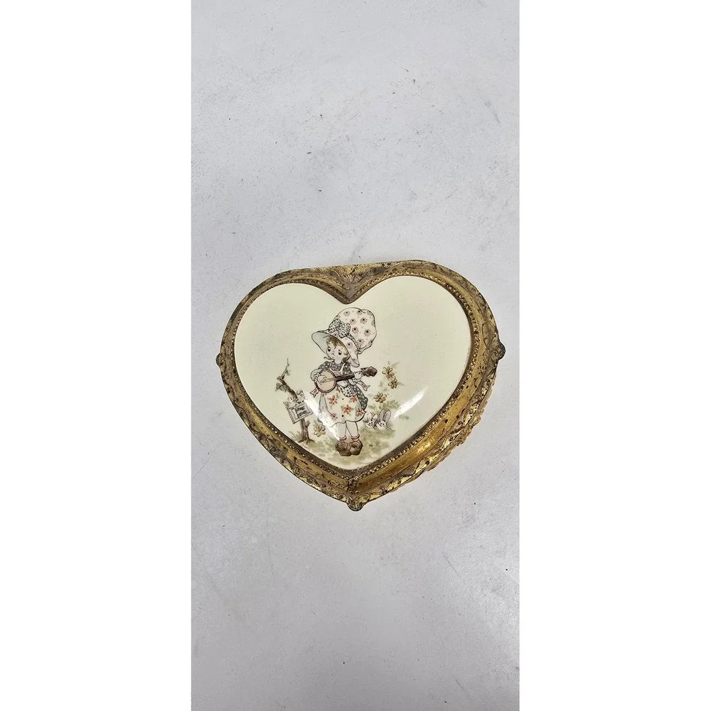 Vtg brass hinged jewelry box ceramic top velvet‎ Victorian Japan Holly Hobbie